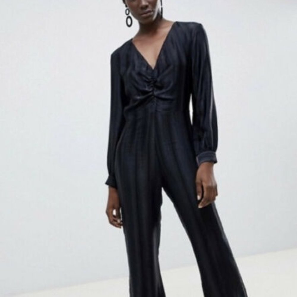 ASOS Black Satin Black on Black Striped Jumpsuit Wide Leg NWOT US 14
